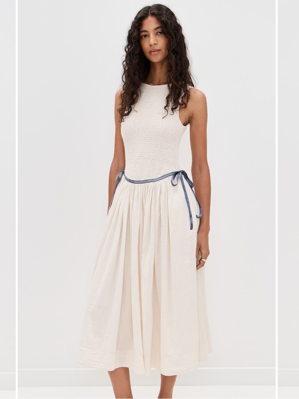 Free People Smocked Nightingale Medium Midi Dress Tea Navy Combo Cream Ivory NWT